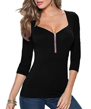 Afibi Women's Square Neck Zip Front Empire Waist Blouse Tees Tops (XX-Large, Black)