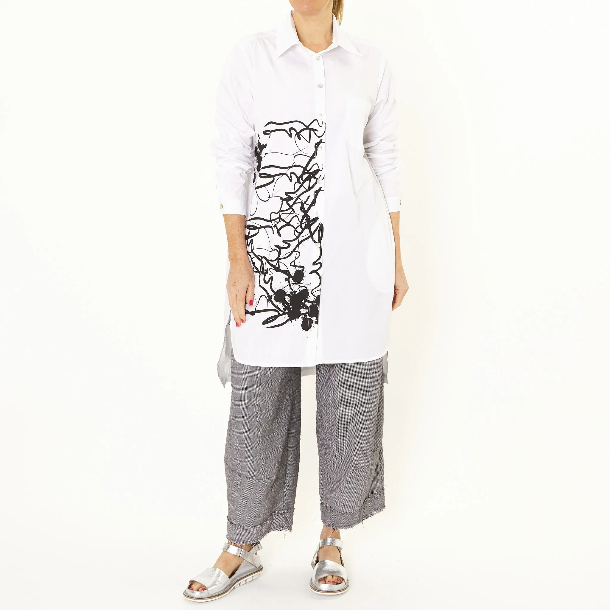Angie White Shirt with Abstract Black Print