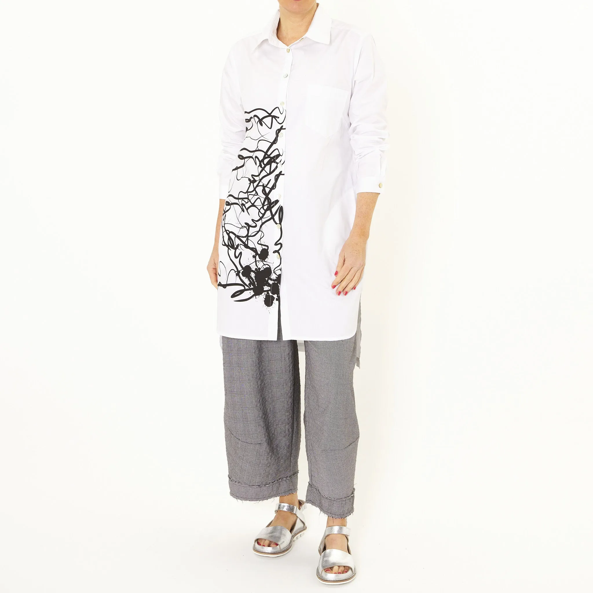 Angie White Shirt with Abstract Black Print