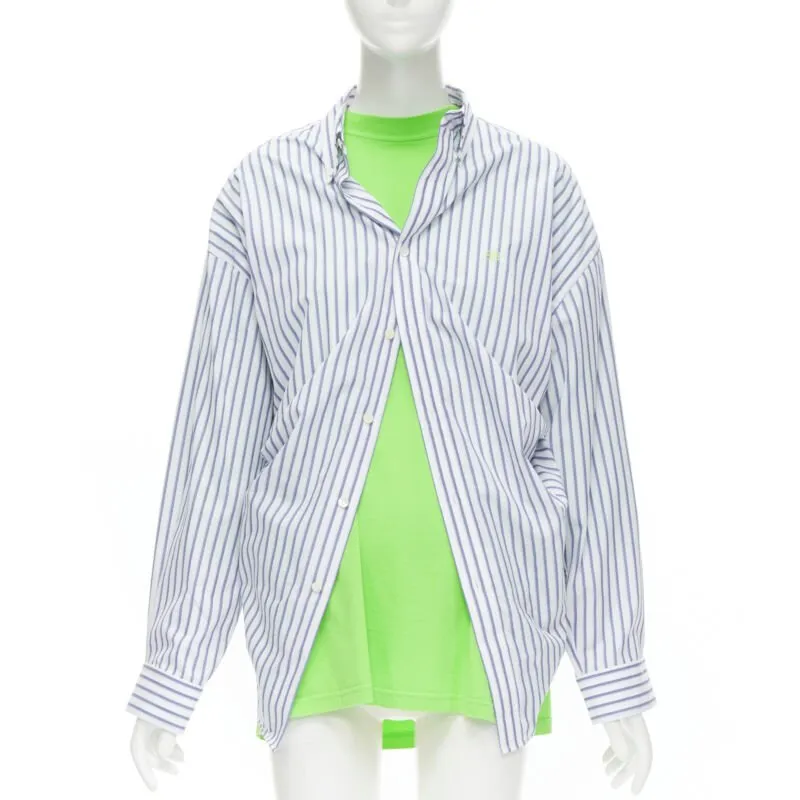 BALENCIAGA 2017 green tshirt blue striped shirt 2 way draped top FR34 XS
