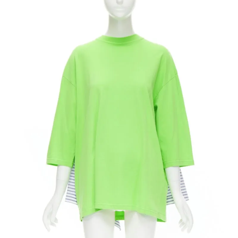 BALENCIAGA 2017 green tshirt blue striped shirt 2 way draped top FR34 XS