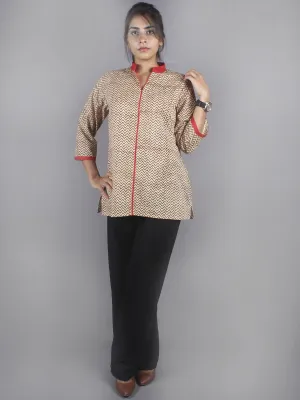 Beige Red Hand Block Printed Shirt- S3517005