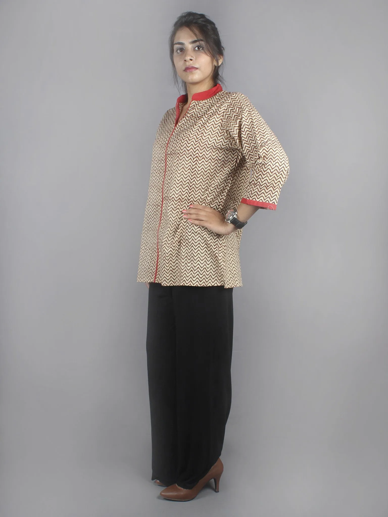 Beige Red Hand Block Printed Shirt- S3517005