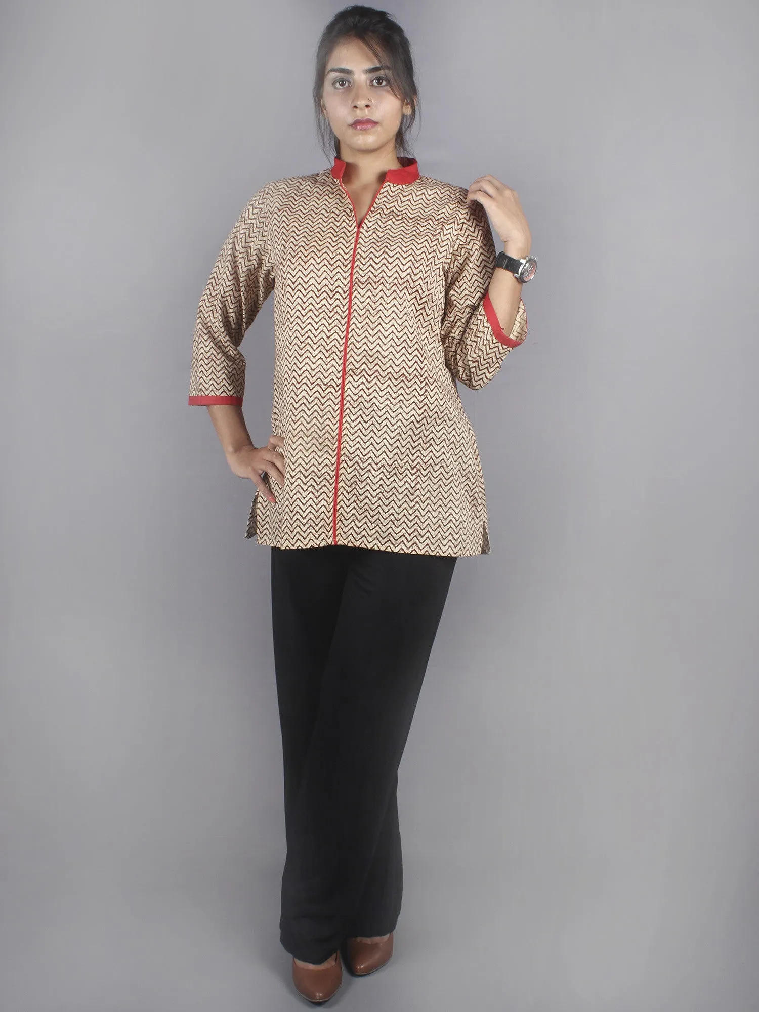 Beige Red Hand Block Printed Shirt- S3517005