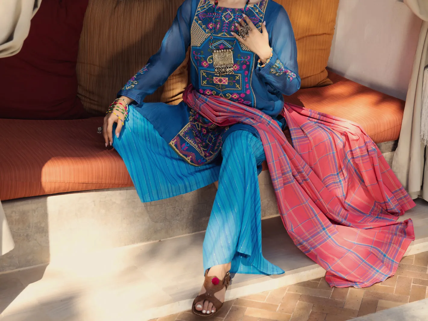 Blue Cotton Yarn-Dyed 3 Piece Unstitched - ALP-3PS-1440