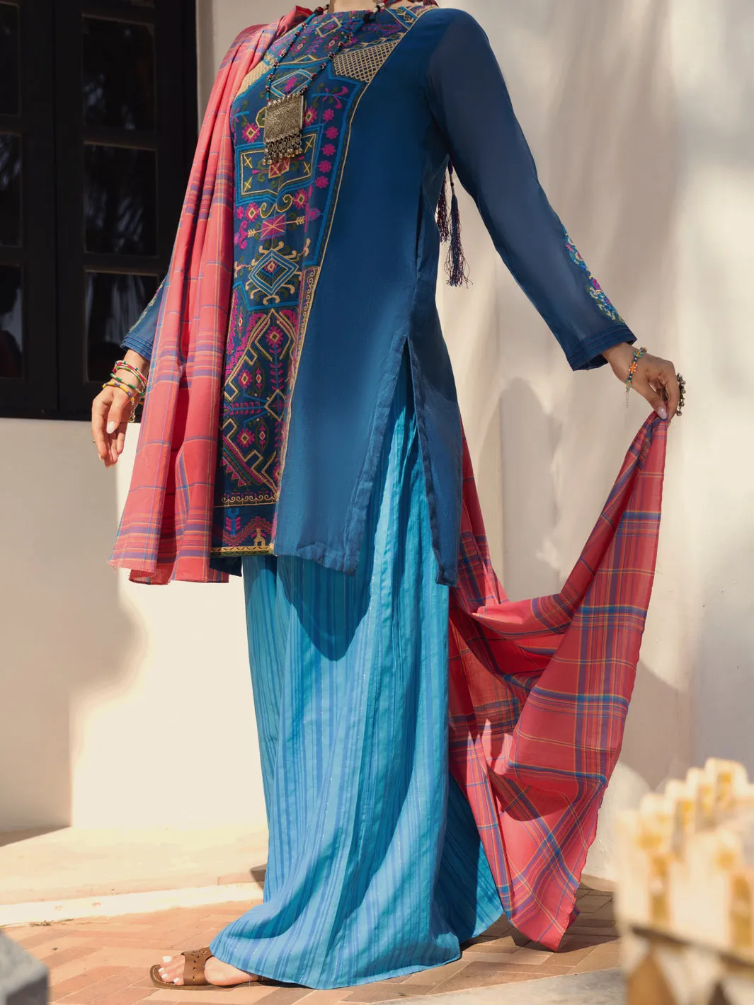 Blue Cotton Yarn-Dyed 3 Piece Unstitched - ALP-3PS-1440