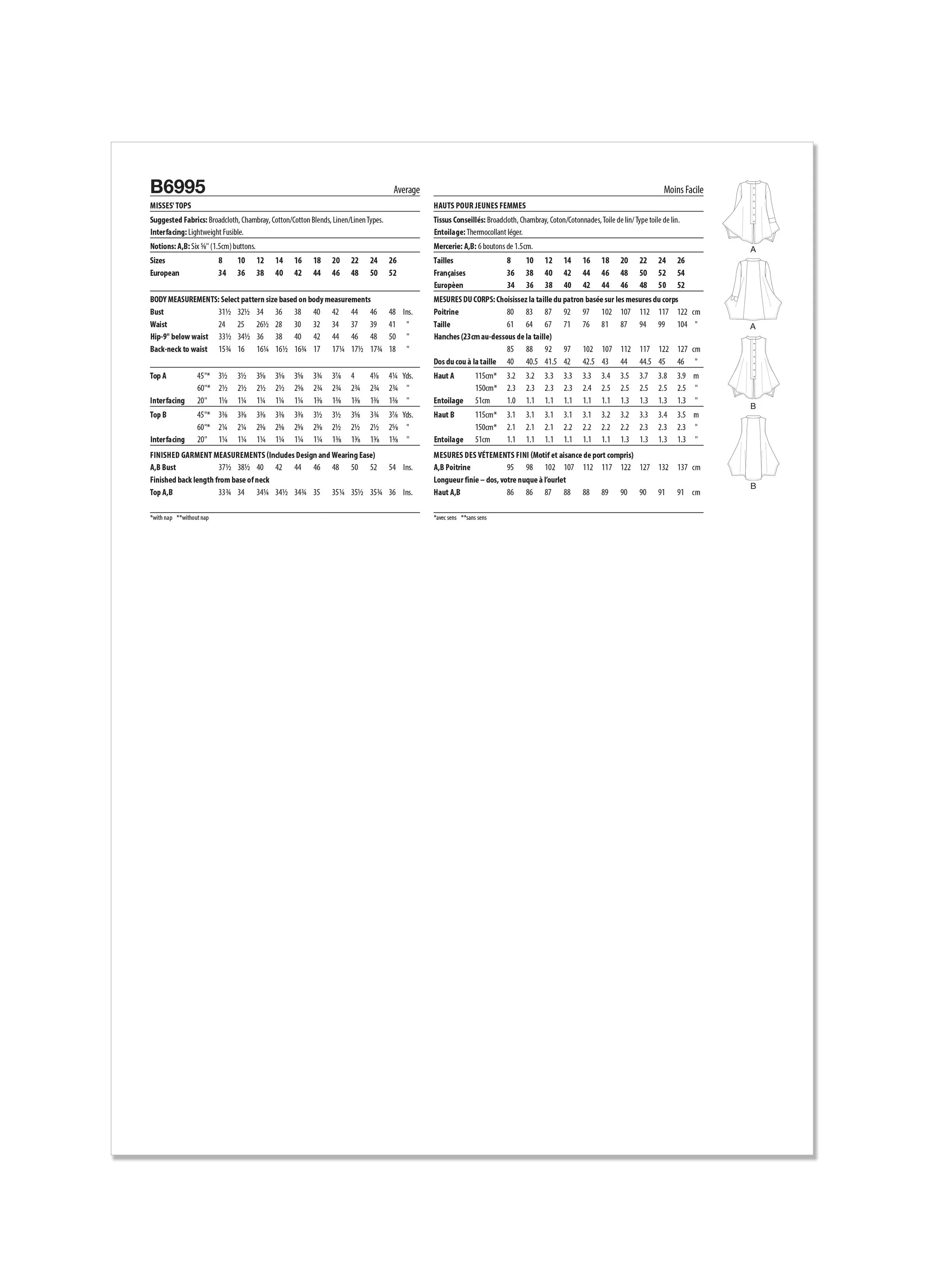 Butterick Sewing Pattern 6995 Tops by Katherine Tilton