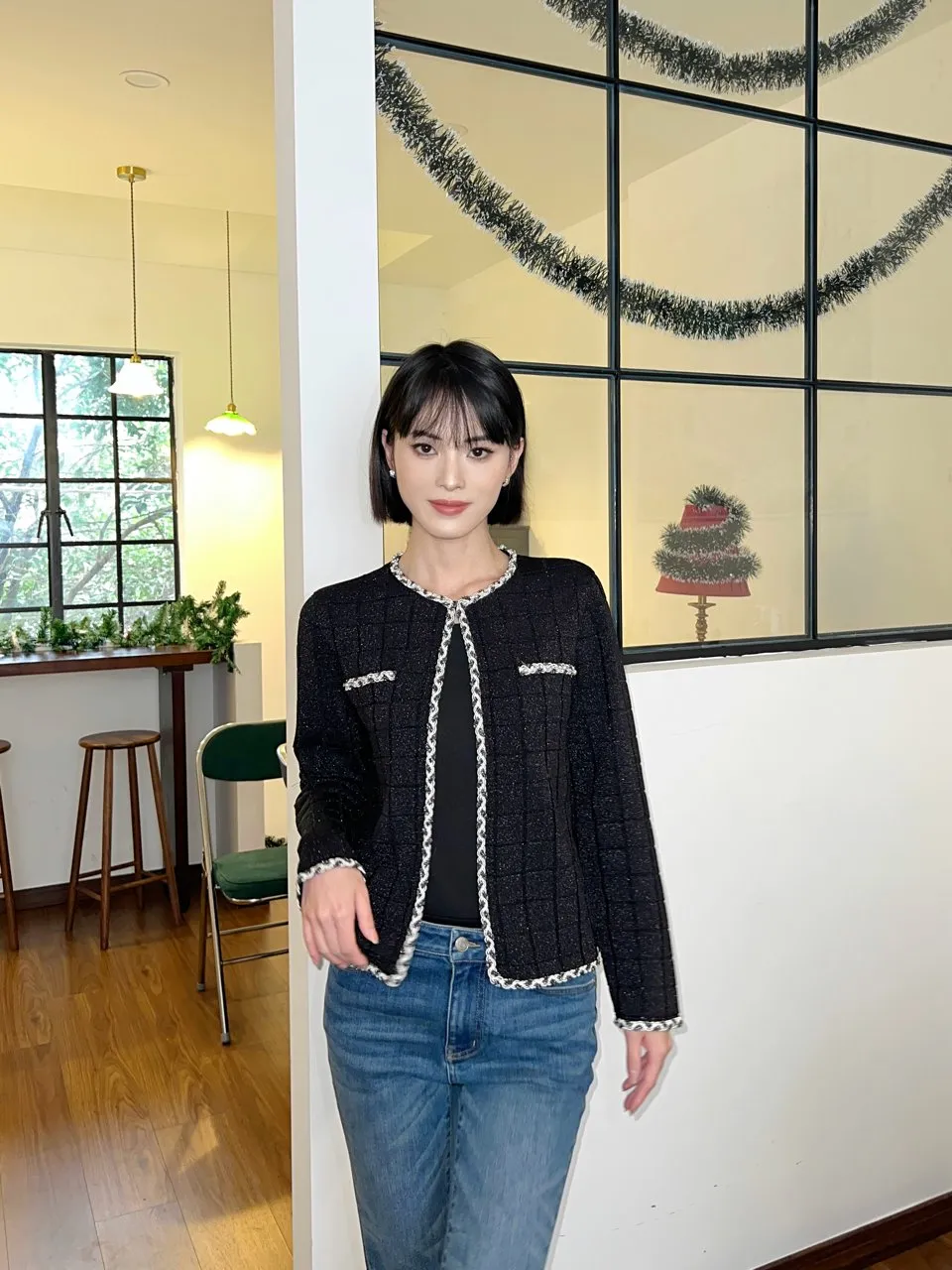 Cardigan Round Neck Chambray Long Sleeve Knit Jacket Black