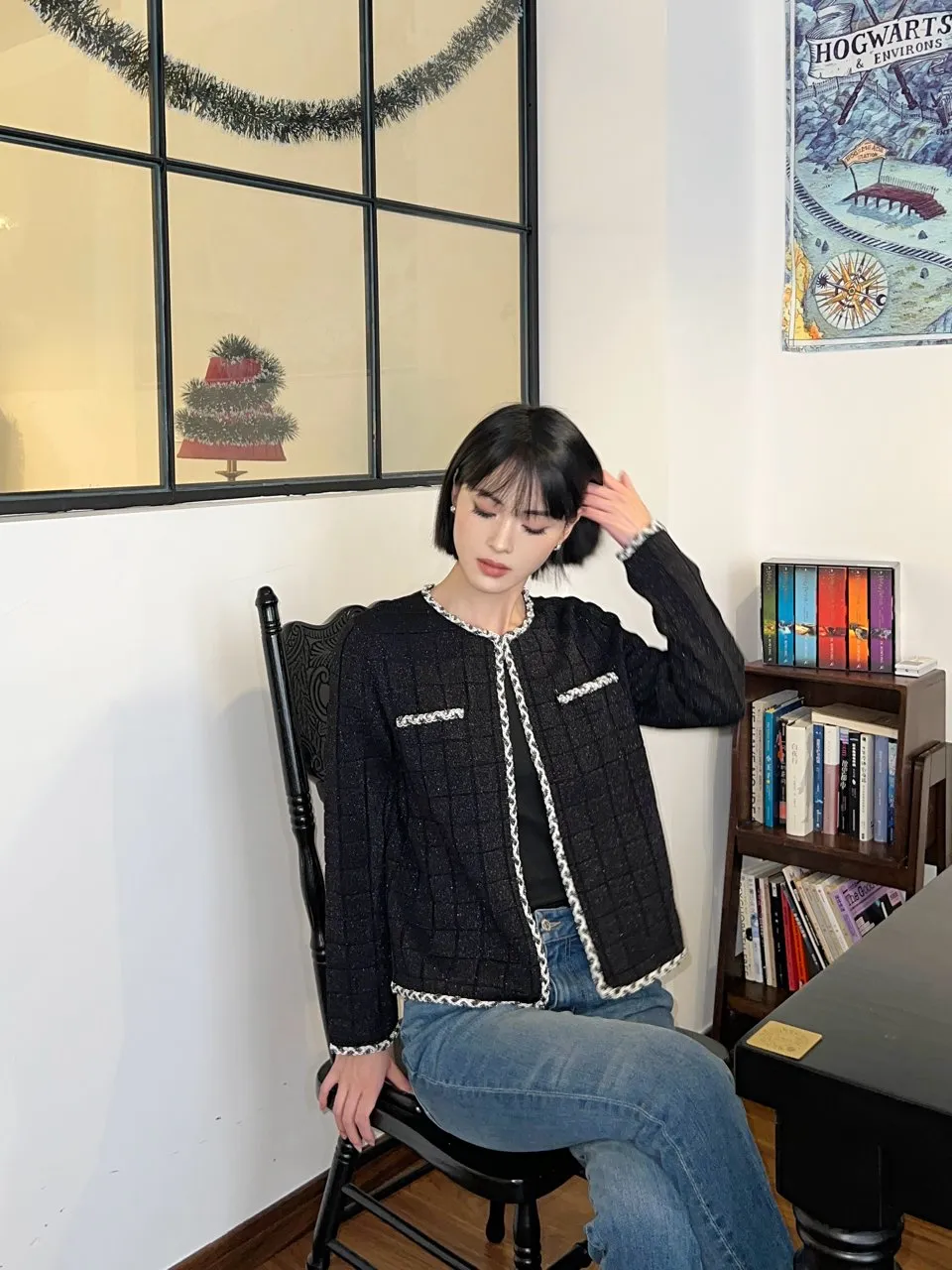Cardigan Round Neck Chambray Long Sleeve Knit Jacket Black