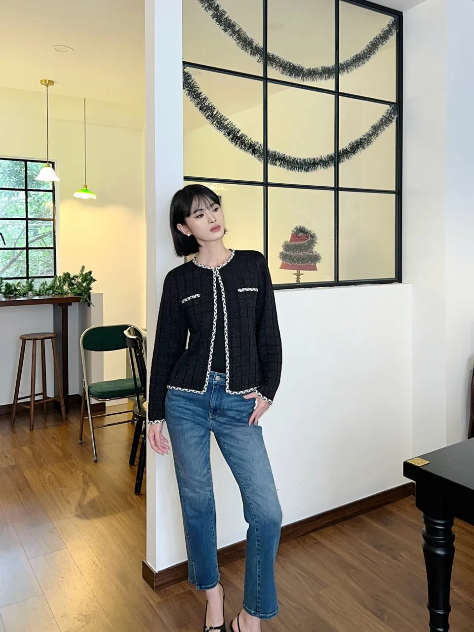 Cardigan Round Neck Chambray Long Sleeve Knit Jacket Black