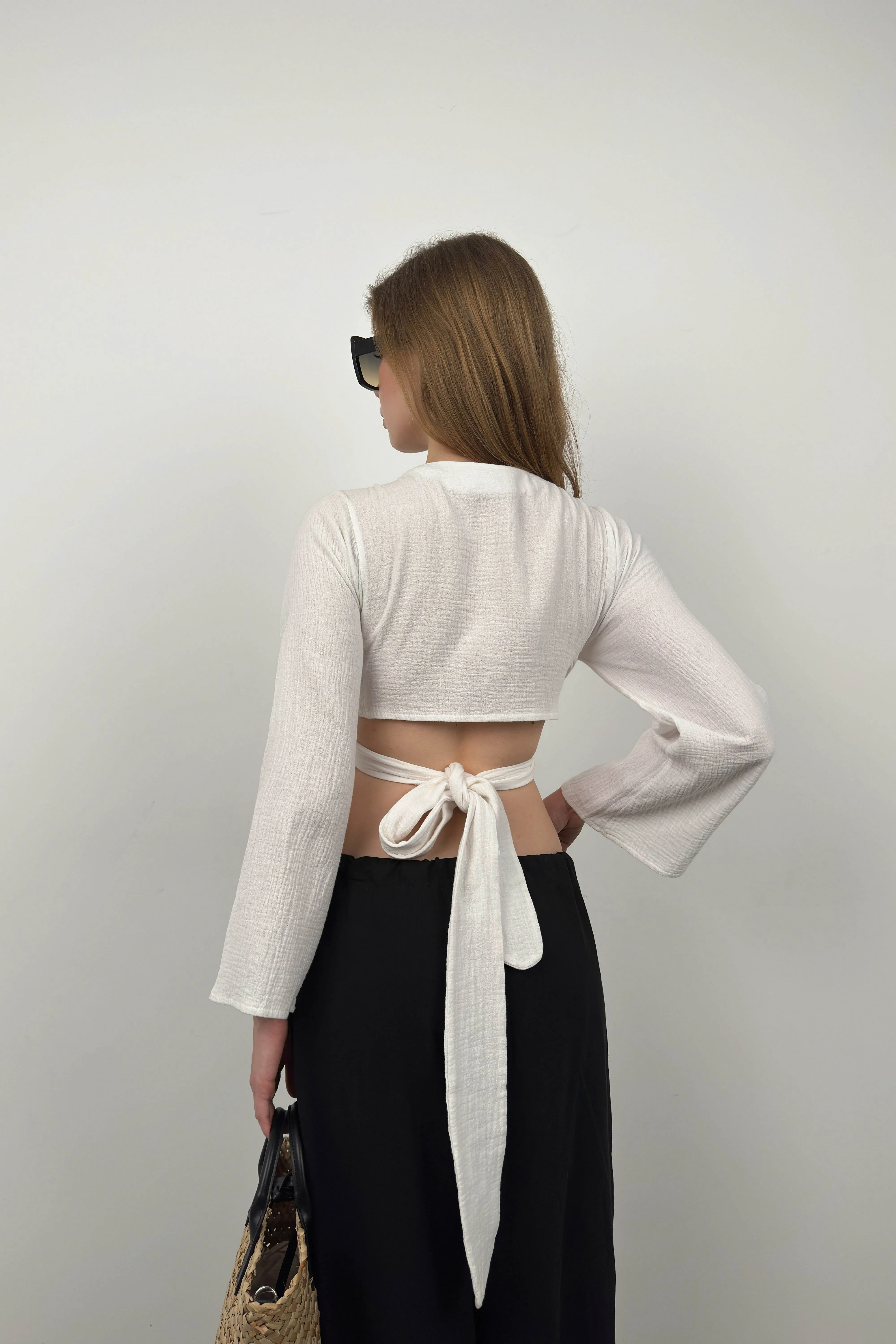 Cropped Long Sleeve Blouse With Ties
