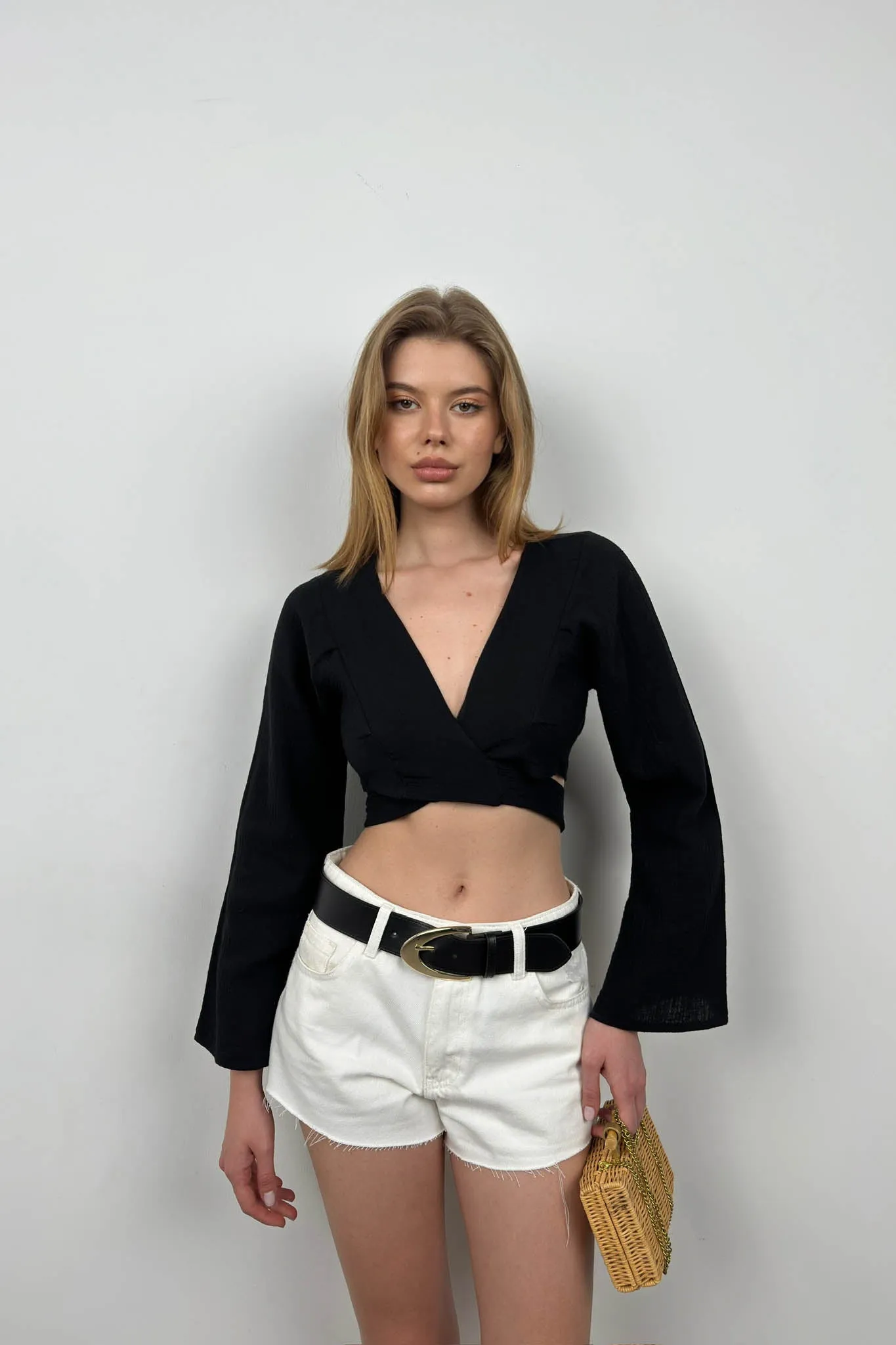 Cropped Long Sleeve Blouse With Ties