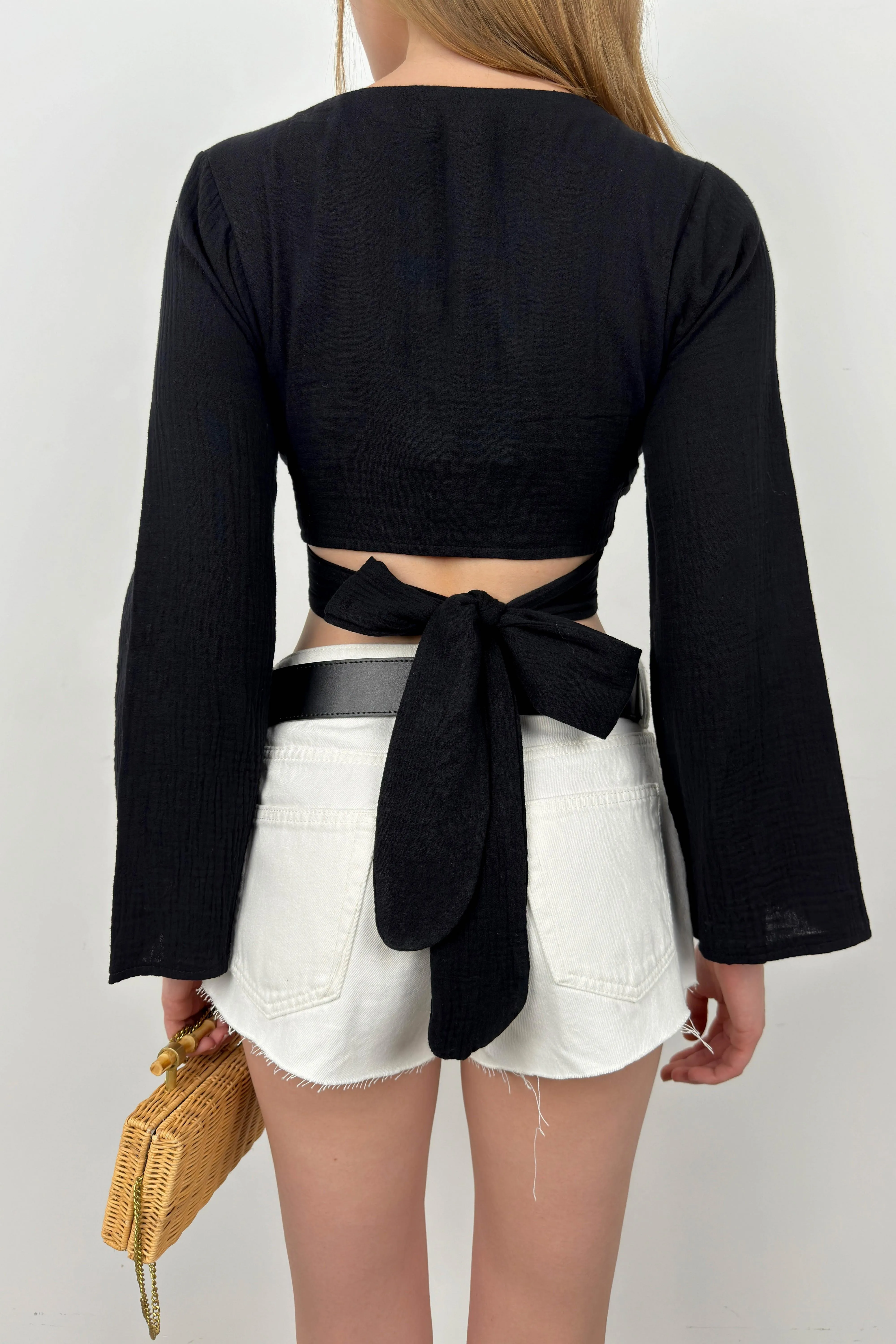 Cropped Long Sleeve Blouse With Ties