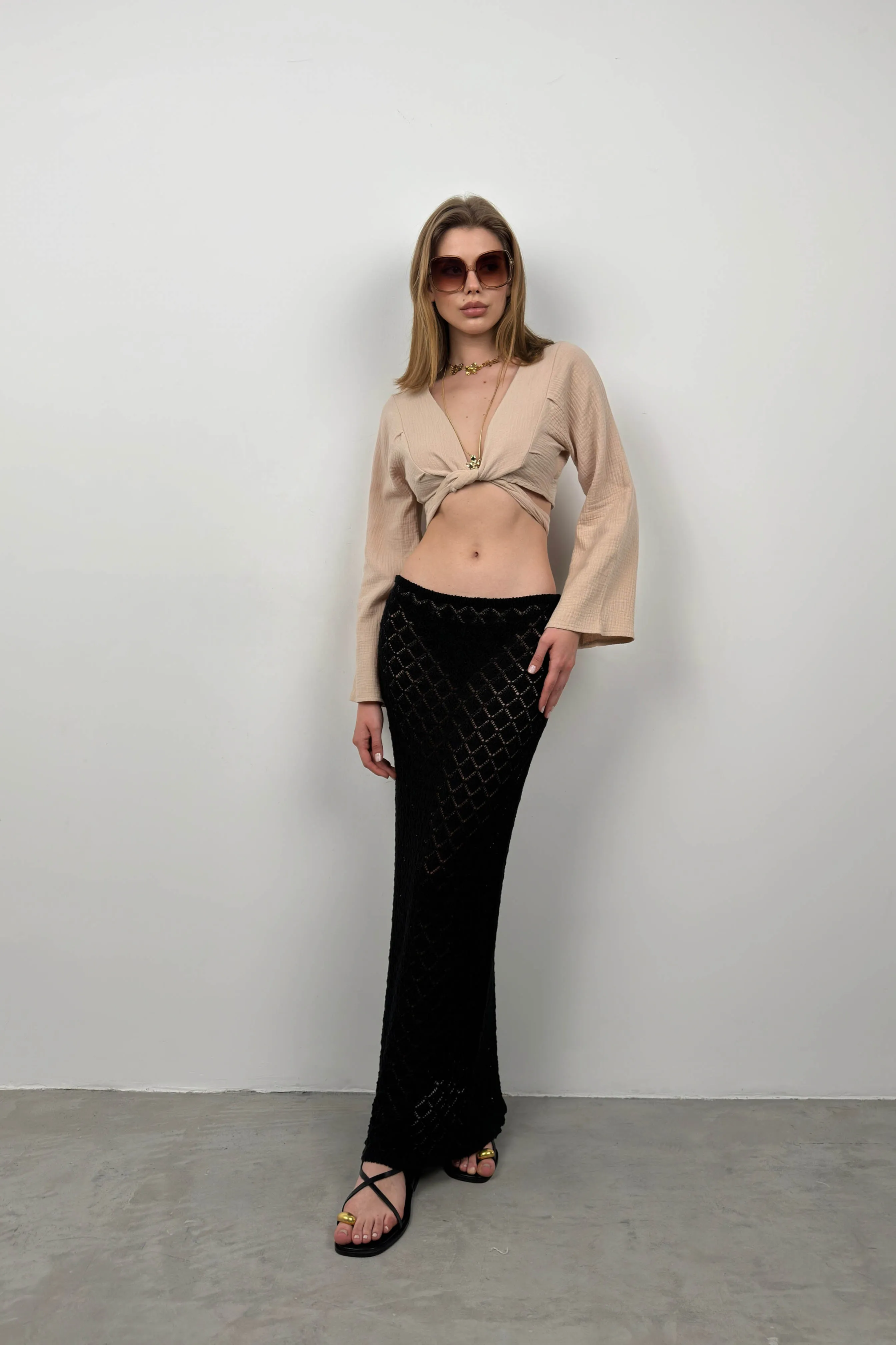 Cropped Long Sleeve Blouse With Ties
