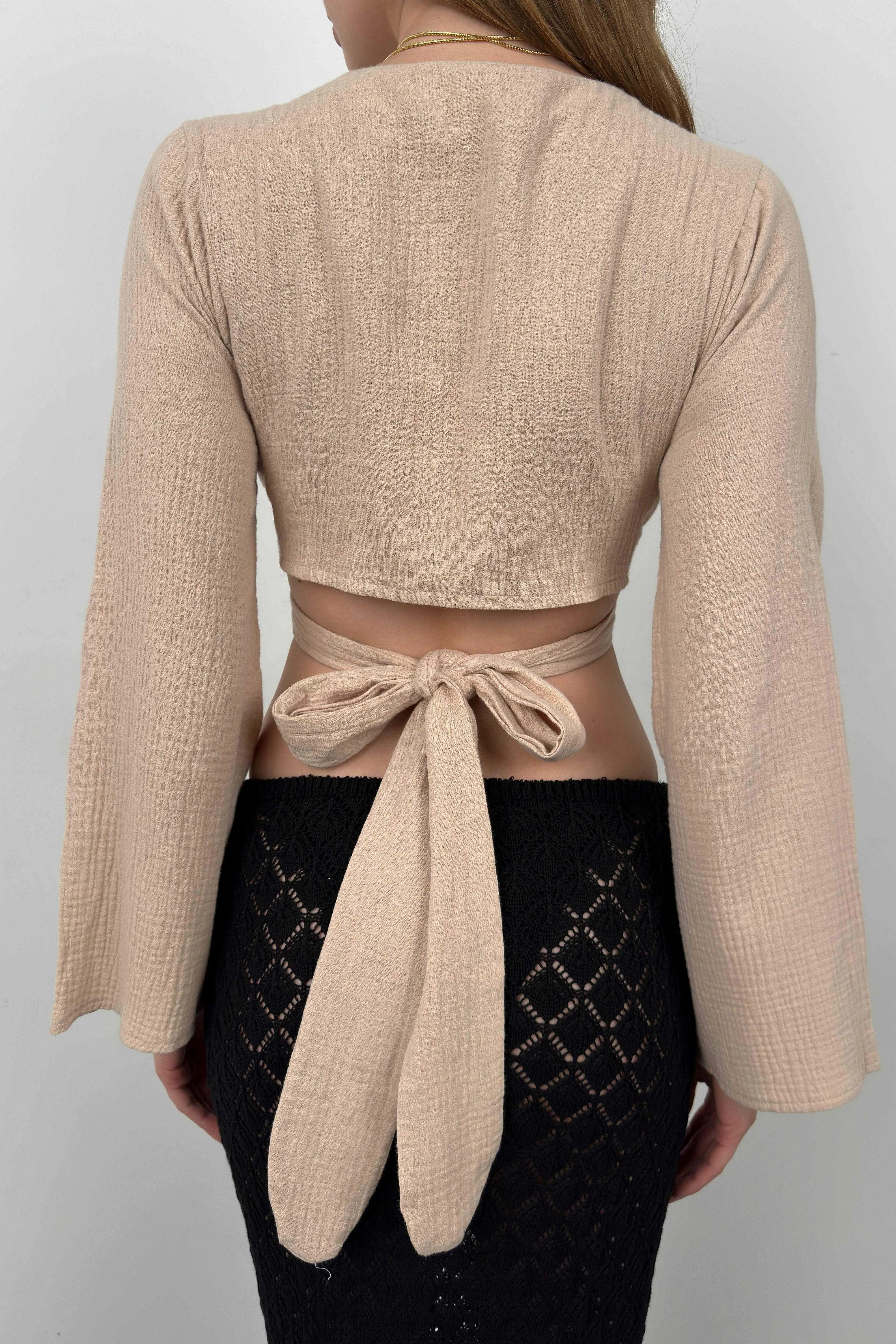 Cropped Long Sleeve Blouse With Ties
