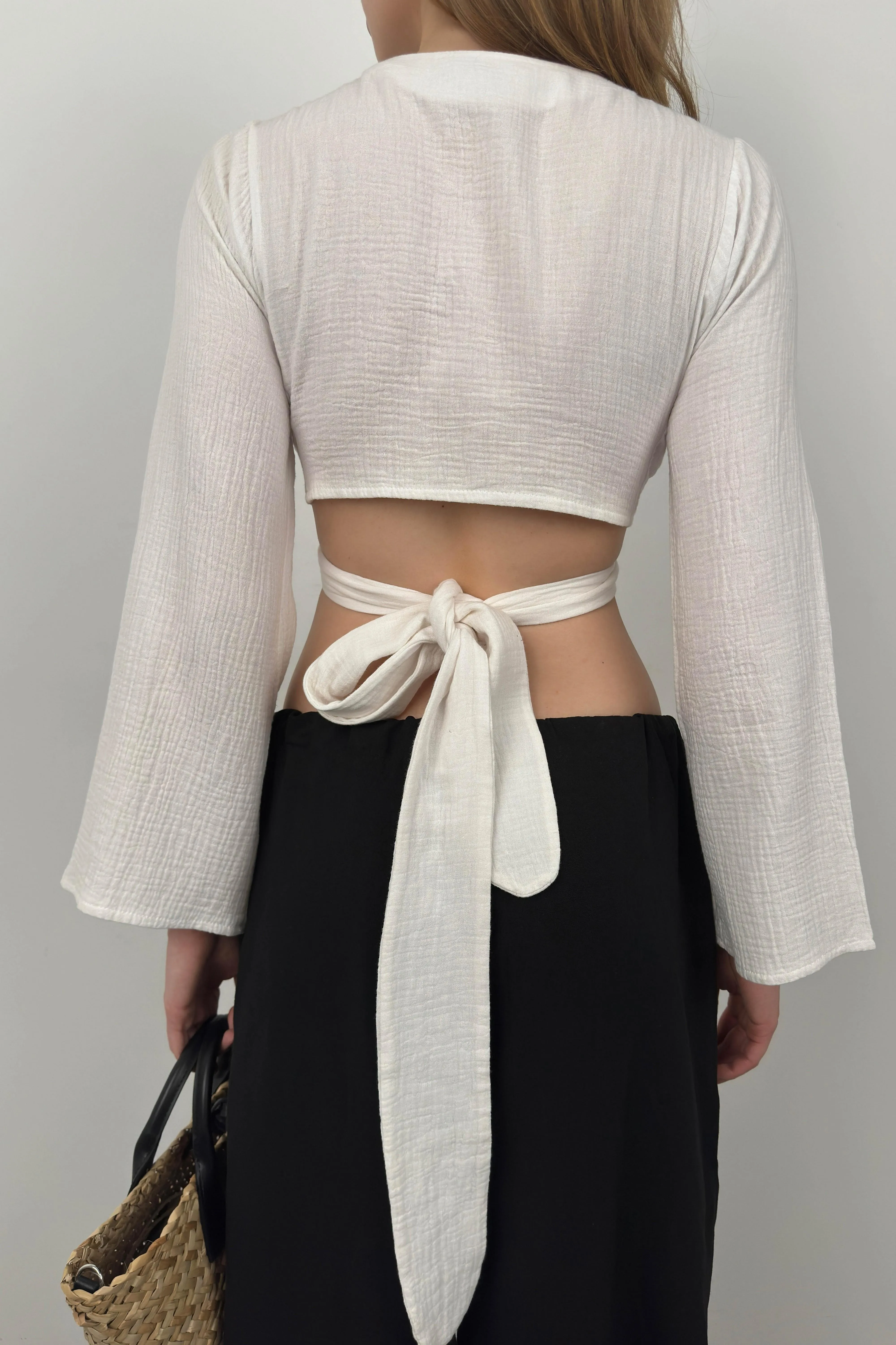 Cropped Long Sleeve Blouse With Ties