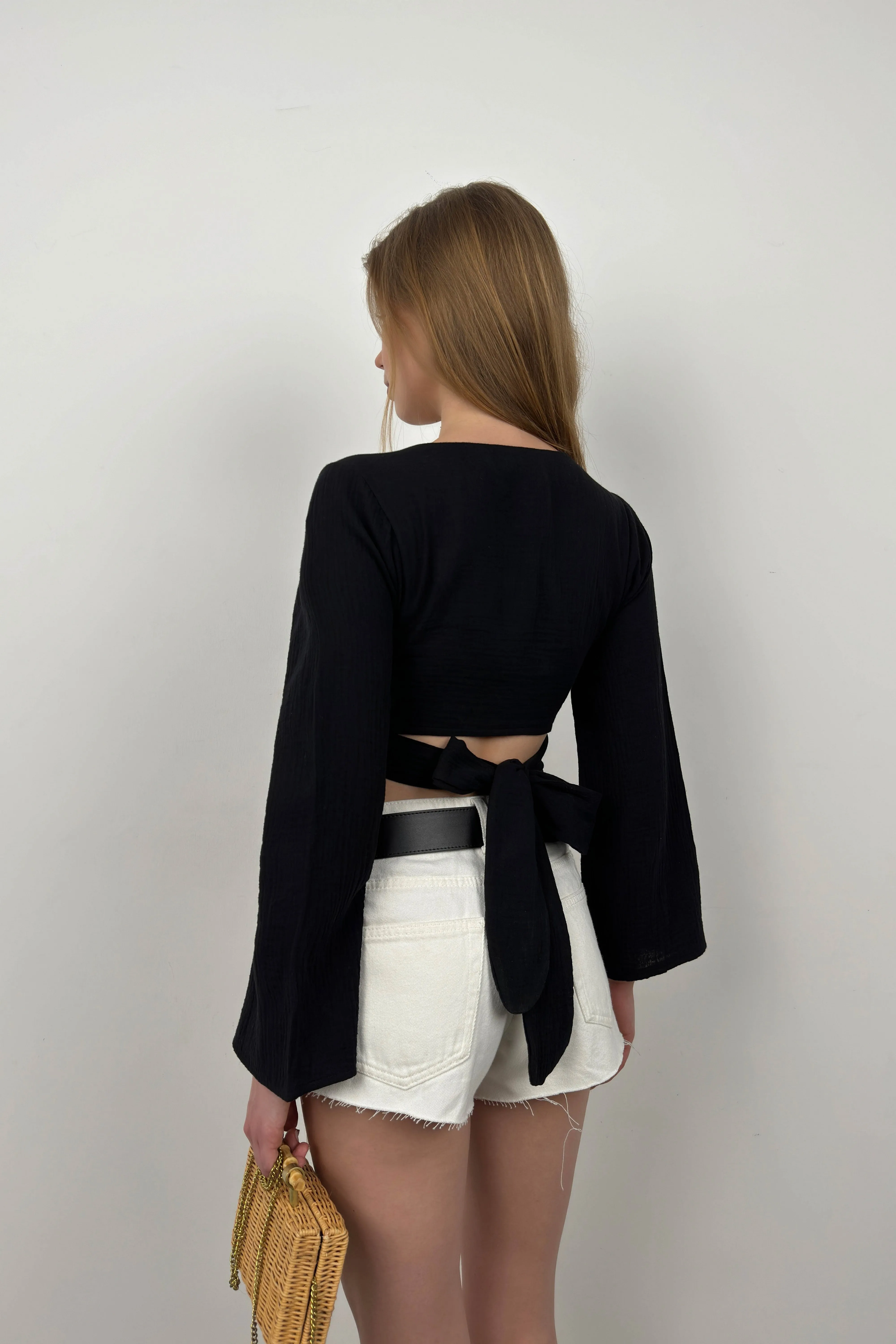 Cropped Long Sleeve Blouse With Ties