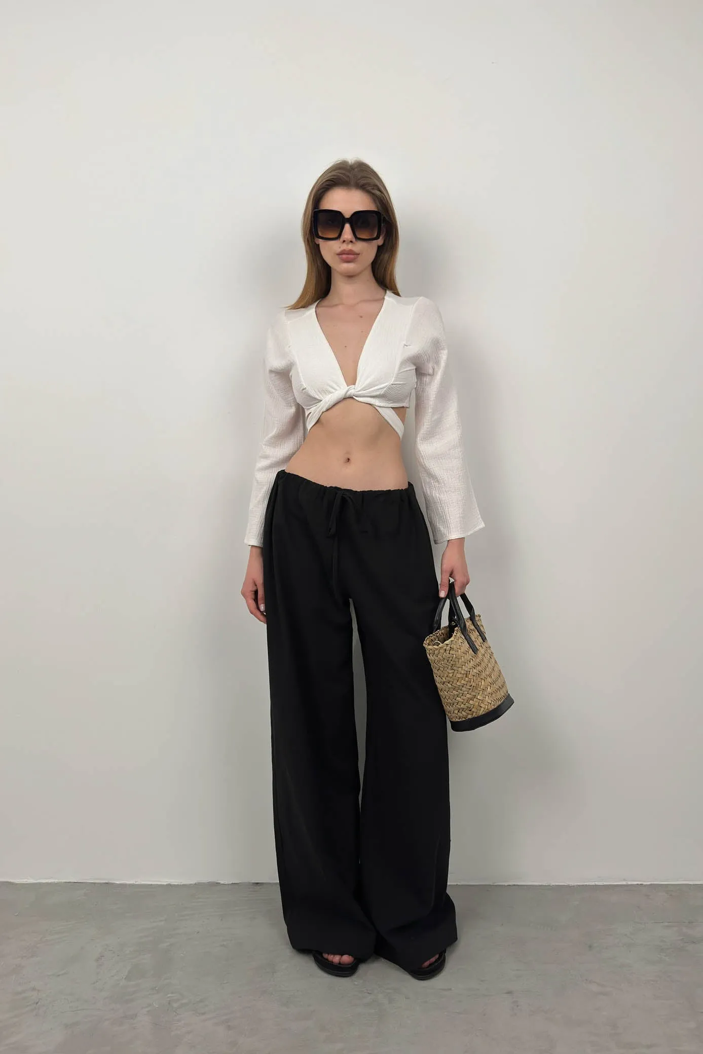 Cropped Long Sleeve Blouse With Ties