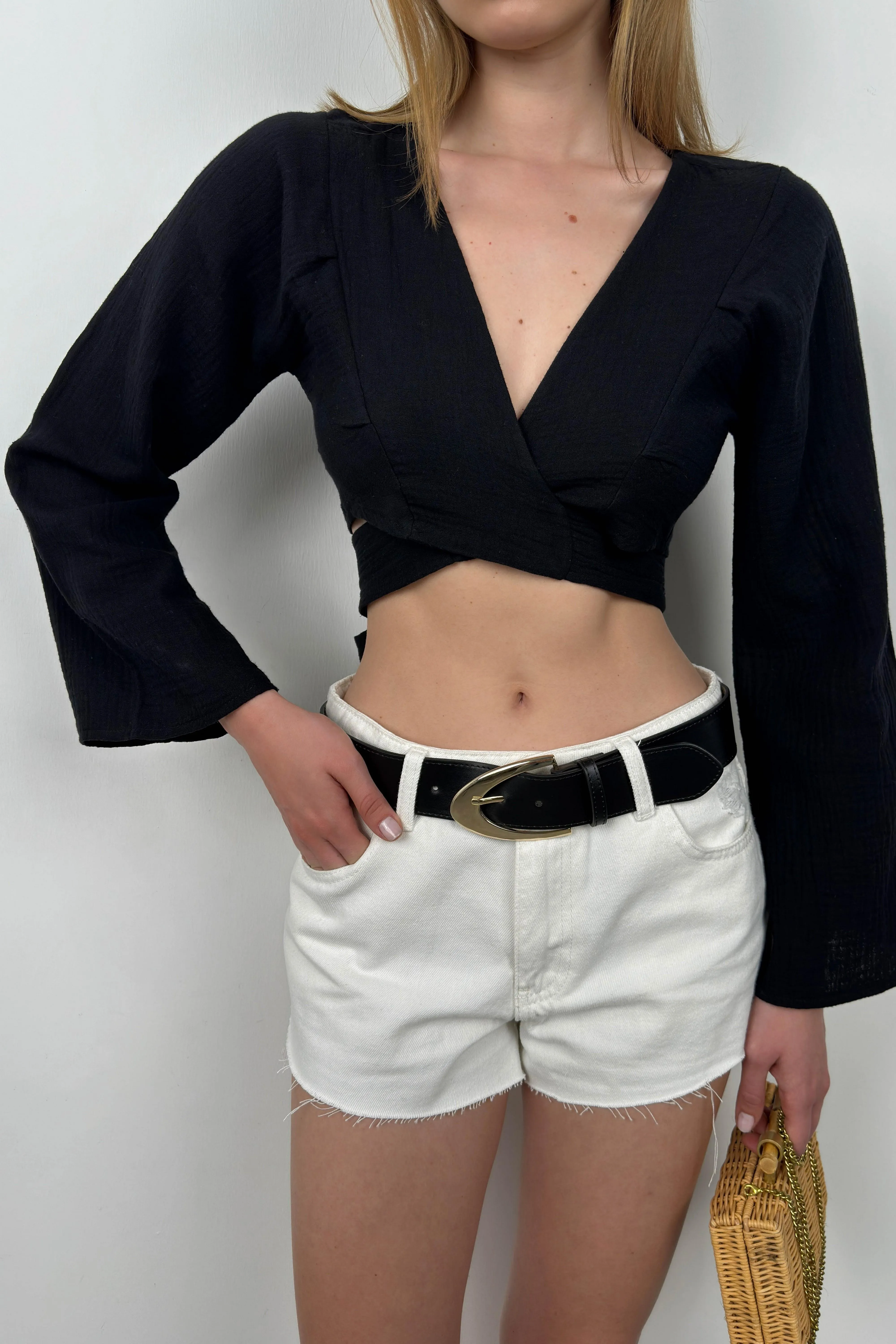 Cropped Long Sleeve Blouse With Ties