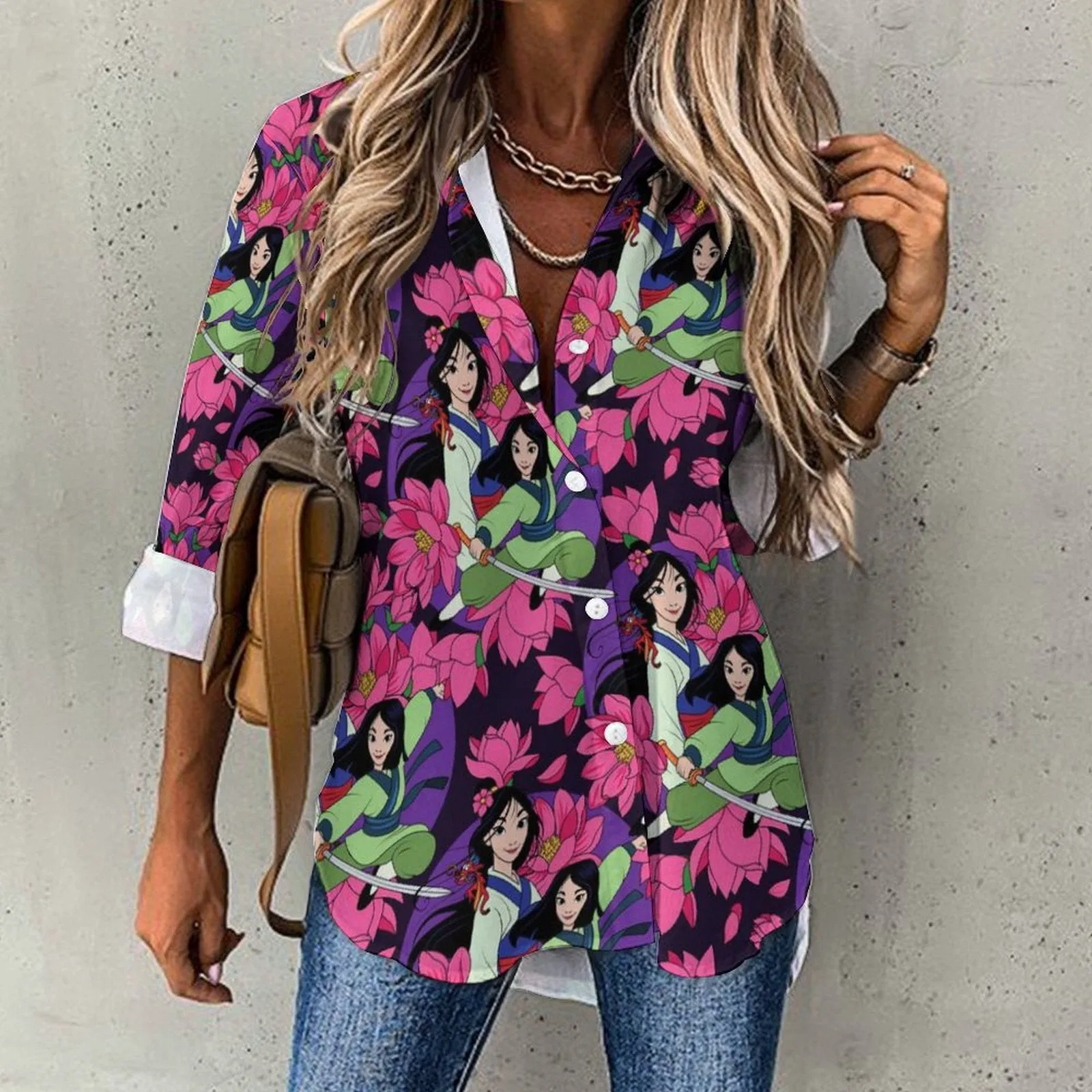 Disney Mulan Blooming Flowers Long Sleeve Button Up Blouse
