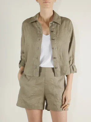 Esme Crop Shirt in French Linen - Olive