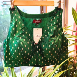 Green Pure Banarasi Silk Sleeveless Blouse With V Neck