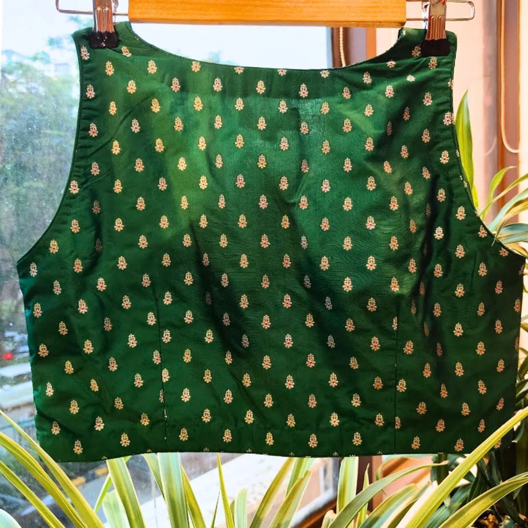Green Pure Banarasi Silk Sleeveless Blouse With V Neck