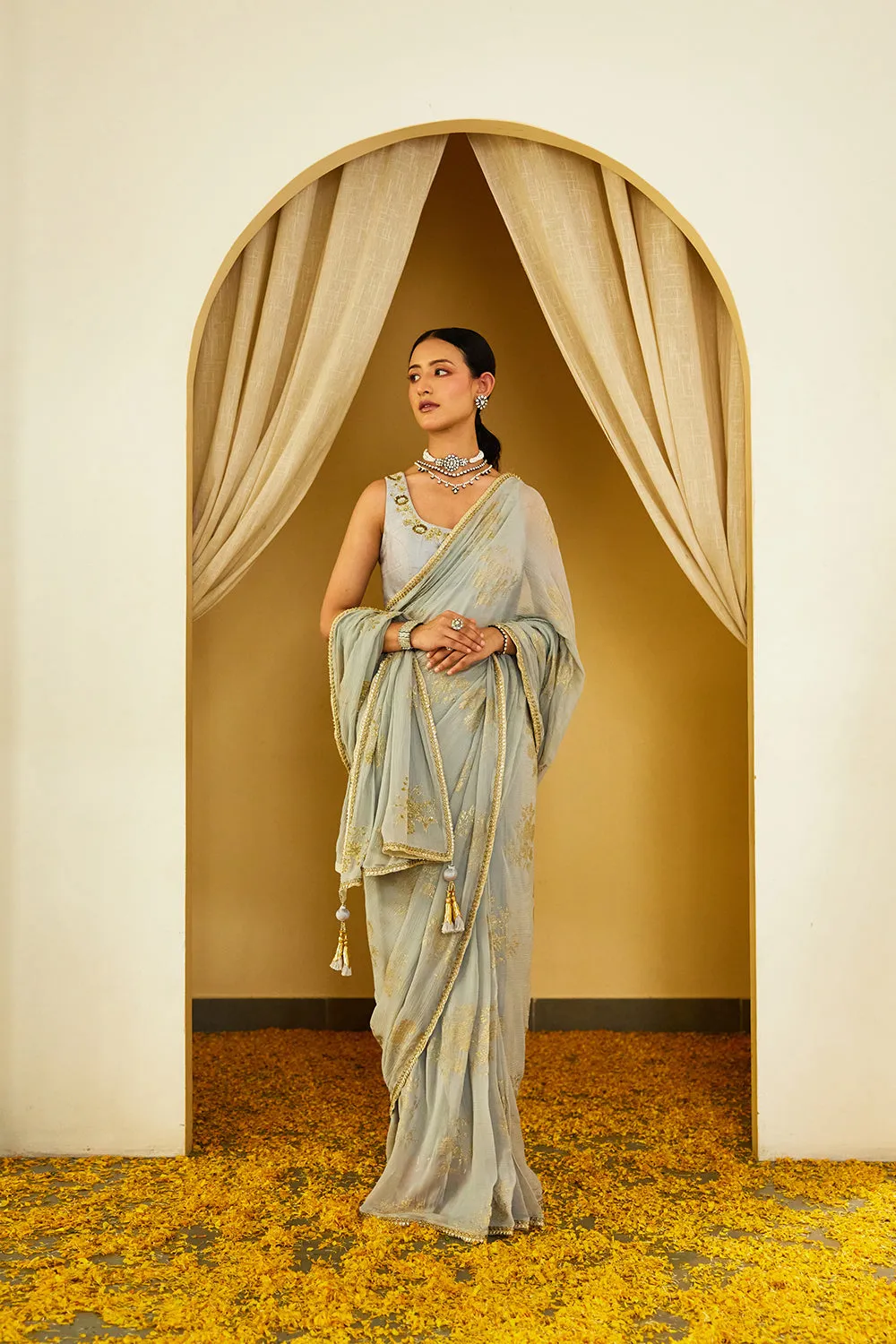 Grey Foil Pure Silk Chiffon Saree