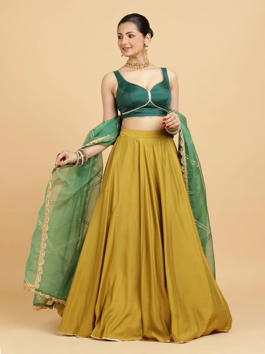 Jhalak Ishika 4-Pc Lehenga Set x Tyohaar | Mustard Lehenga, Bottle Green Blouse with Panna Emerald Green Dupatta and Cancan Skirt