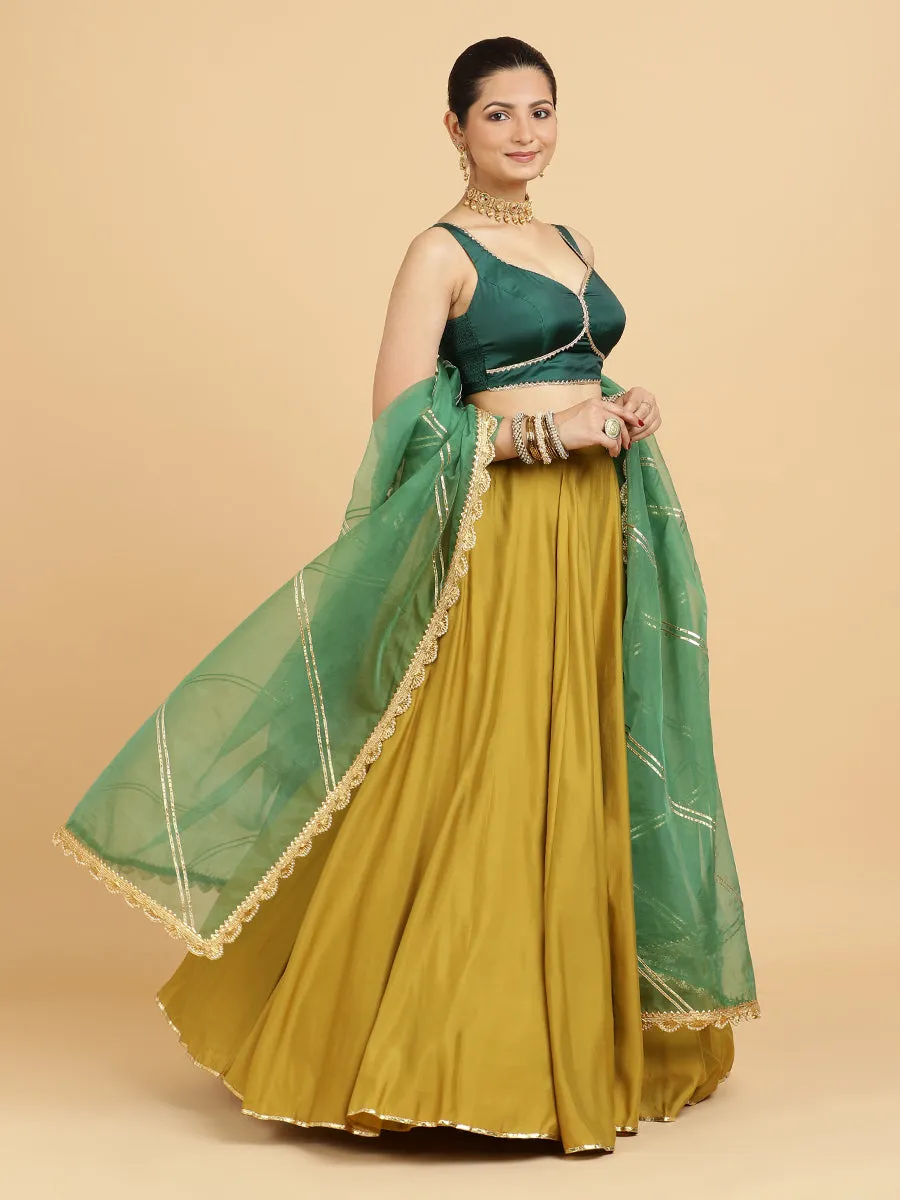Jhalak Ishika 4-Pc Lehenga Set x Tyohaar | Mustard Lehenga, Bottle Green Blouse with Panna Emerald Green Dupatta and Cancan Skirt
