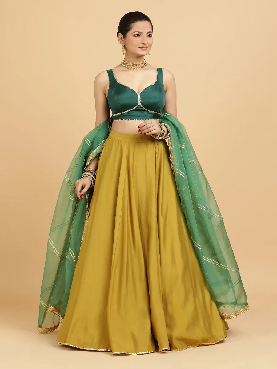Jhalak Ishika 4-Pc Lehenga Set x Tyohaar | Mustard Lehenga, Bottle Green Blouse with Panna Emerald Green Dupatta and Cancan Skirt
