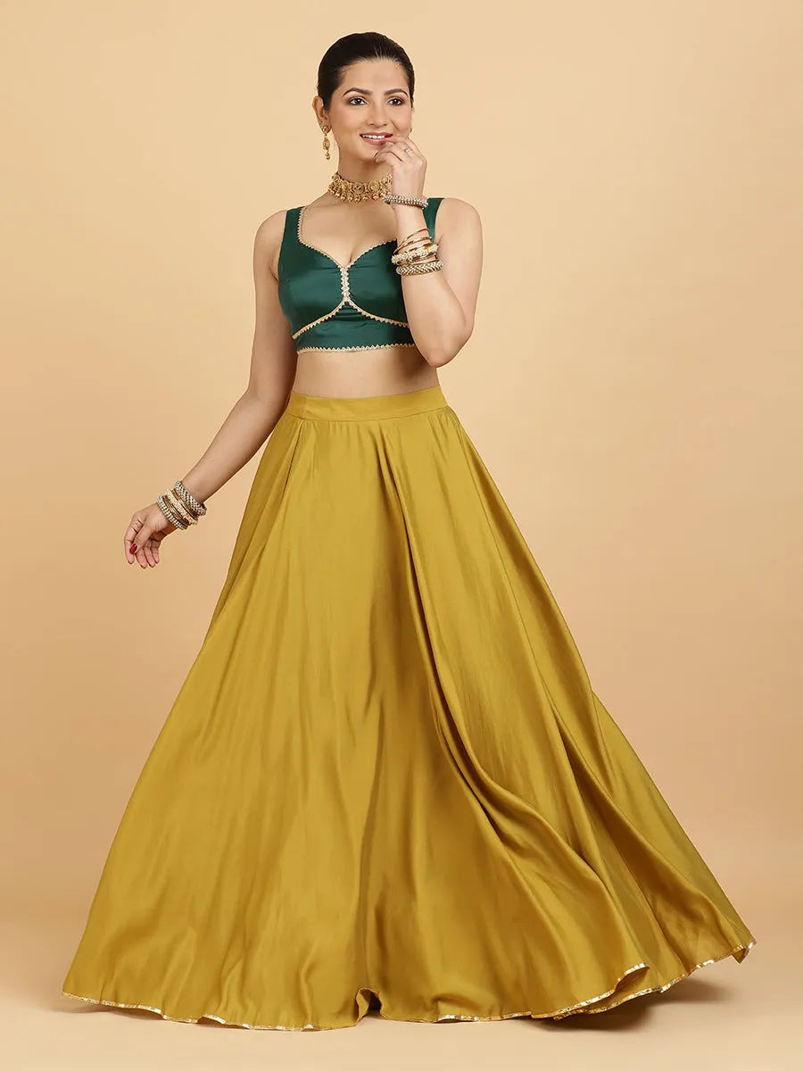 Jhalak Ishika 4-Pc Lehenga Set x Tyohaar | Mustard Lehenga, Bottle Green Blouse with Panna Emerald Green Dupatta and Cancan Skirt