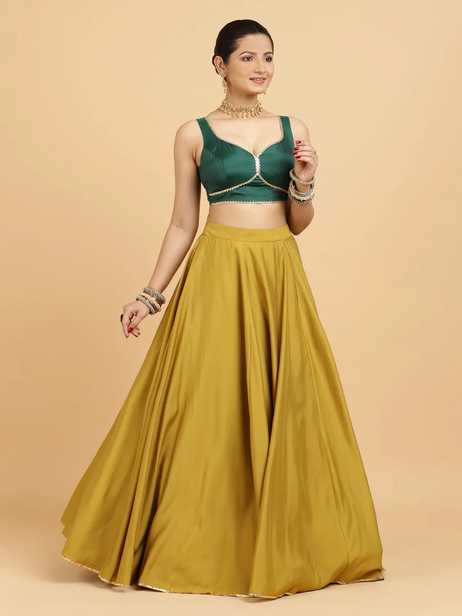 Jhalak Ishika 4-Pc Lehenga Set x Tyohaar | Mustard Lehenga, Bottle Green Blouse with Panna Emerald Green Dupatta and Cancan Skirt