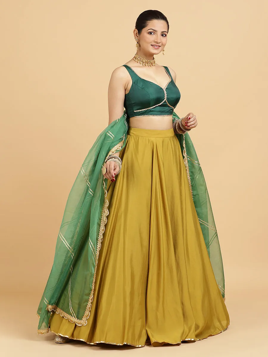 Jhalak Ishika 4-Pc Lehenga Set x Tyohaar | Mustard Lehenga, Bottle Green Blouse with Panna Emerald Green Dupatta and Cancan Skirt