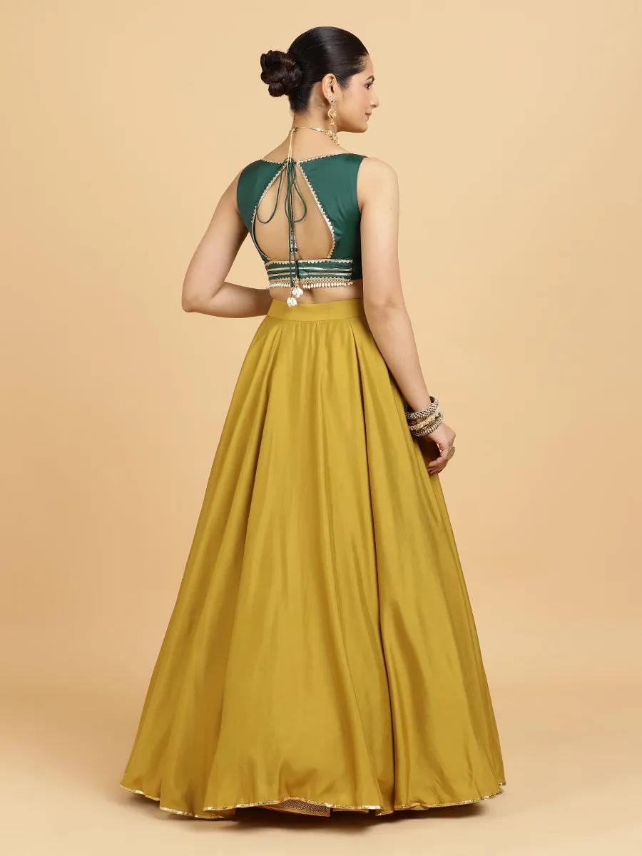 Jhalak Ishika 4-Pc Lehenga Set x Tyohaar | Mustard Lehenga, Bottle Green Blouse with Panna Emerald Green Dupatta and Cancan Skirt
