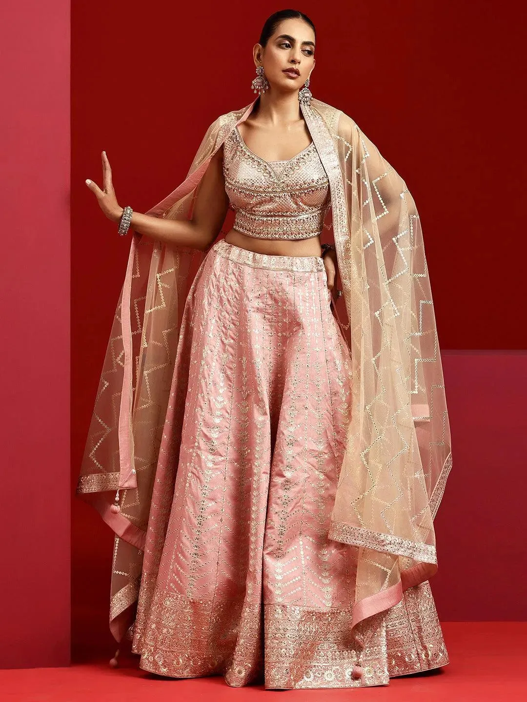 Libas Art Pink Embellished Silk Blend Lehenga Set