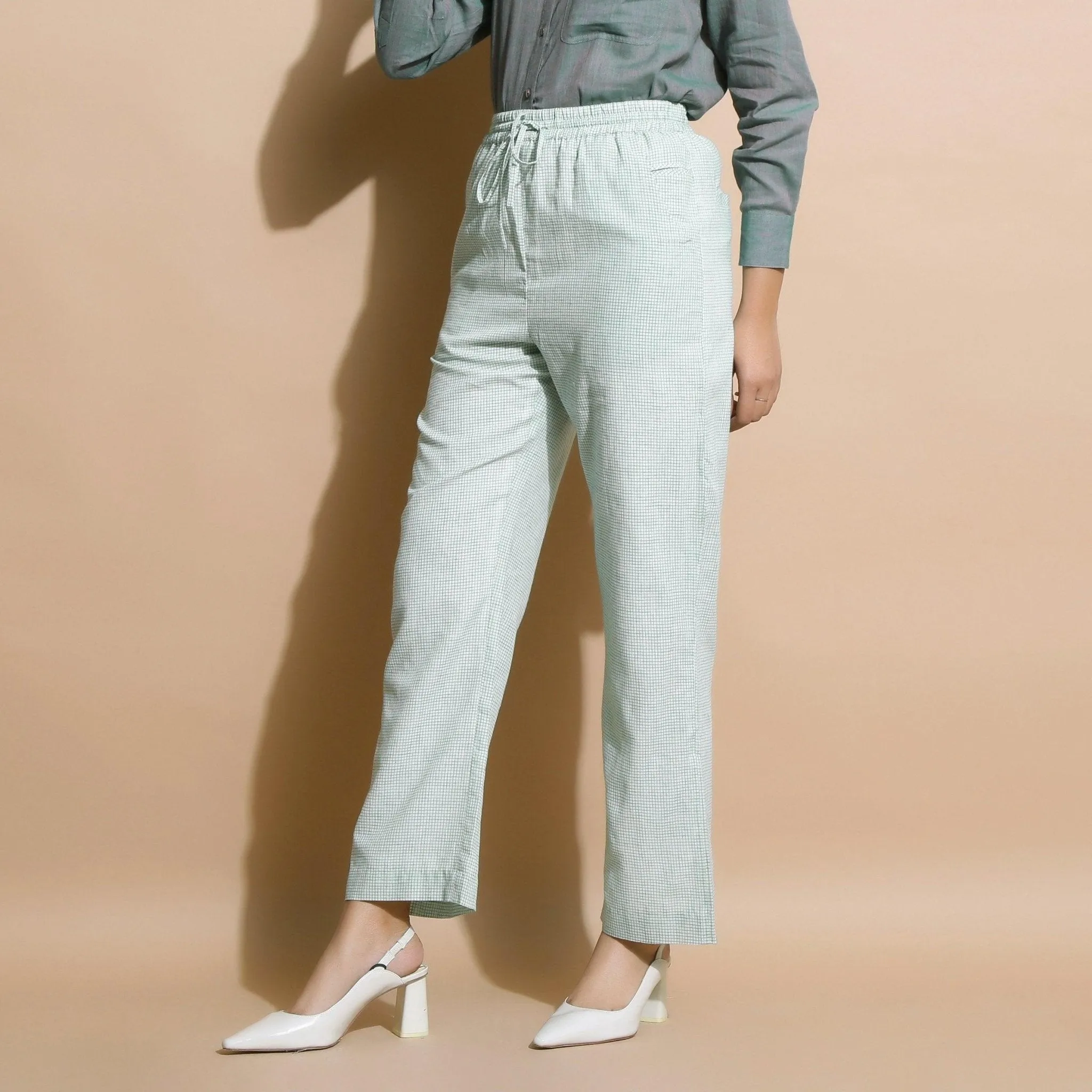 Light Green Checkered Cotton Muslin Elasticated Mid-Rise Pant