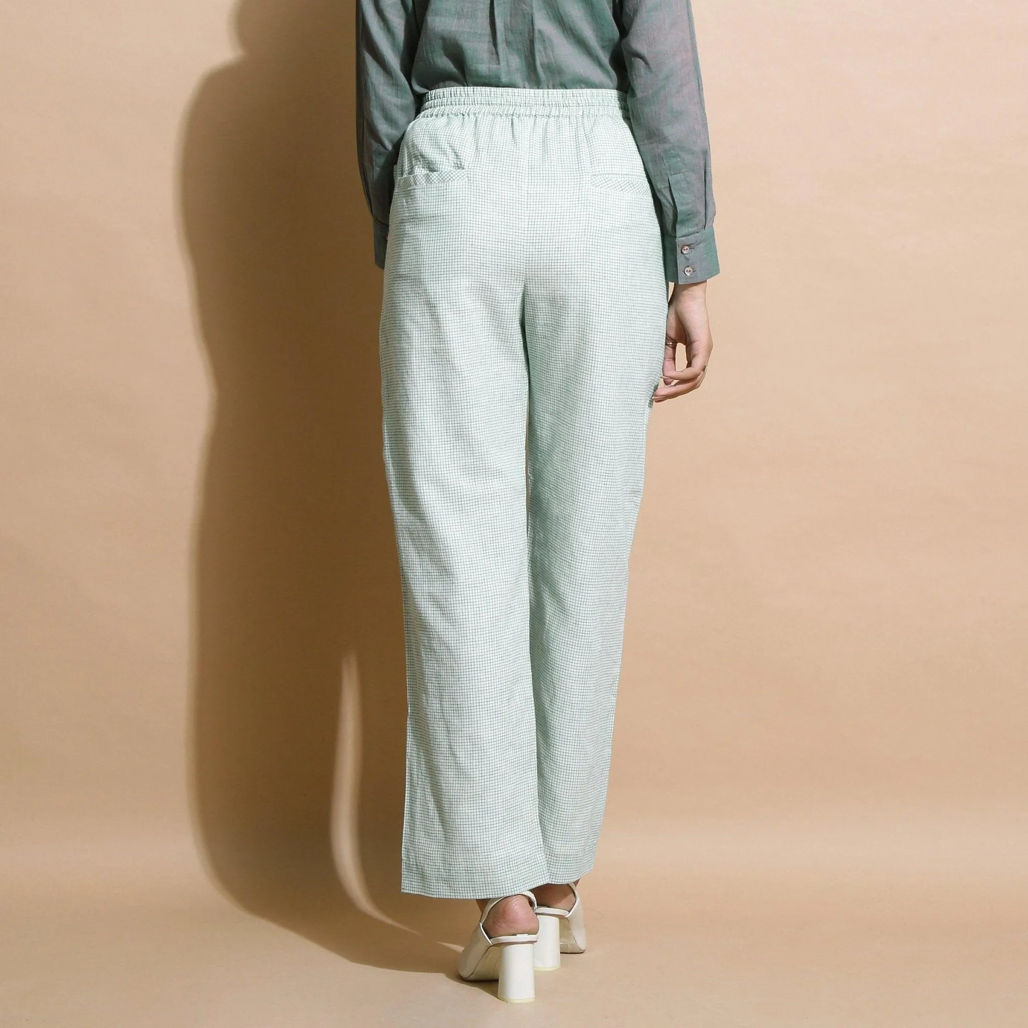 Light Green Checkered Cotton Muslin Elasticated Mid-Rise Pant