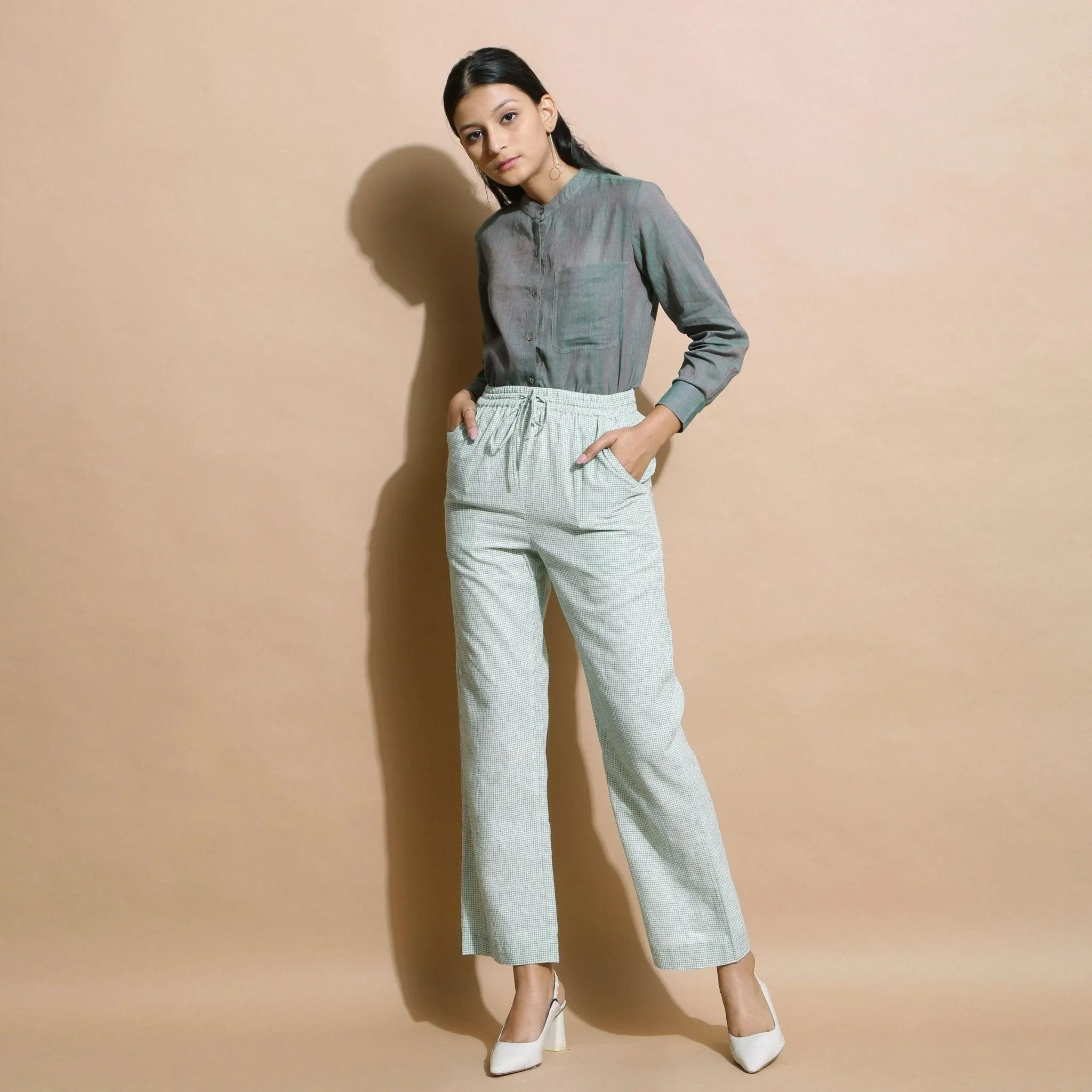 Light Green Checkered Cotton Muslin Elasticated Mid-Rise Pant