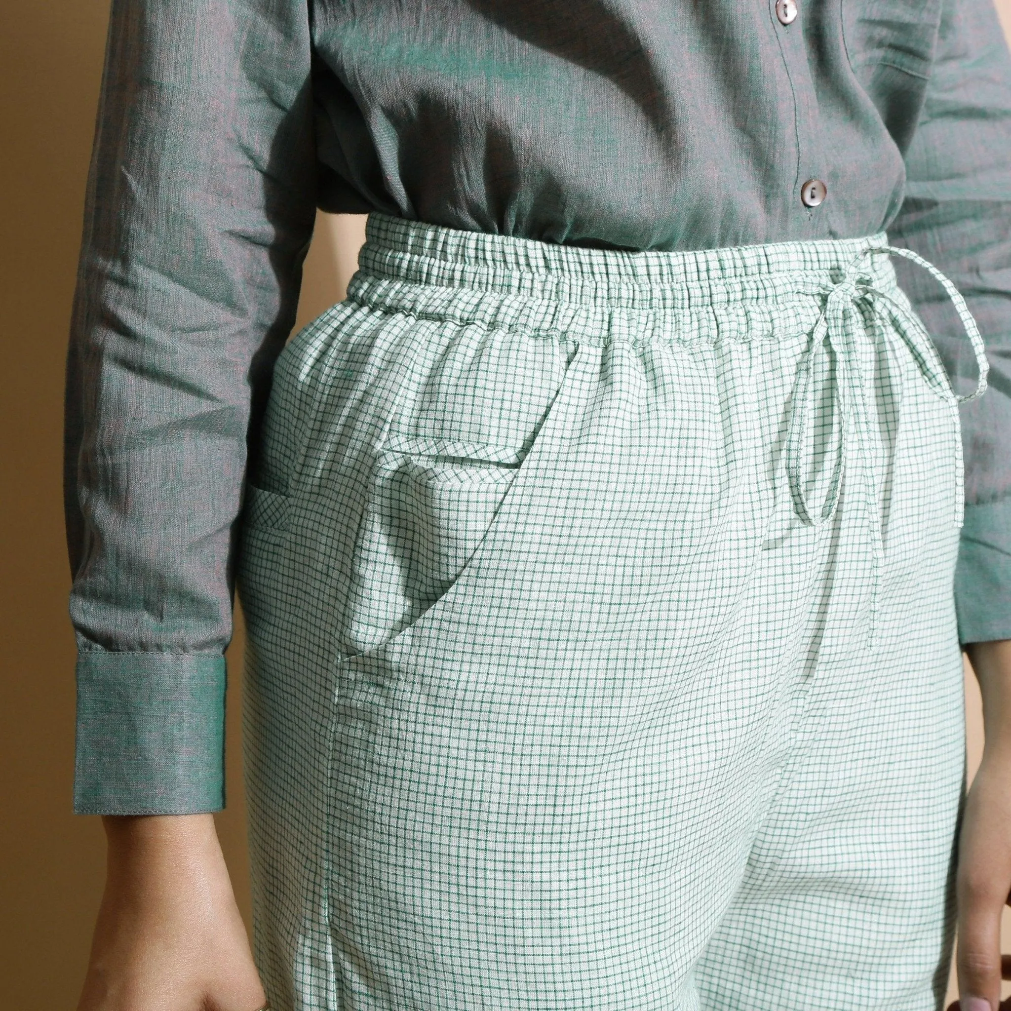 Light Green Checkered Cotton Muslin Elasticated Mid-Rise Pant