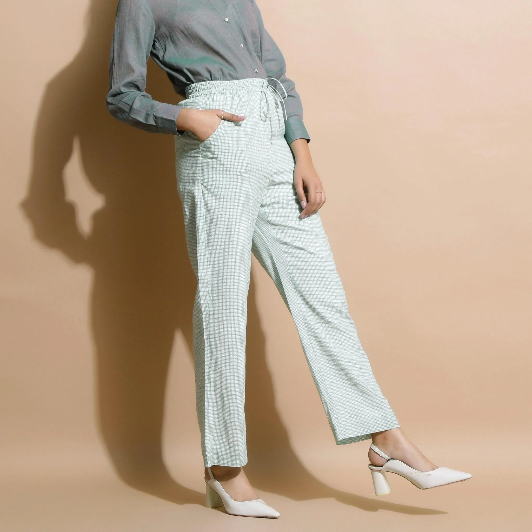 Light Green Checkered Cotton Muslin Elasticated Mid-Rise Pant