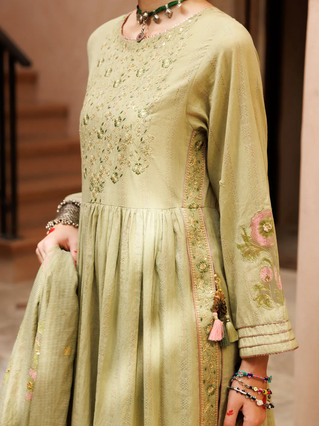 Light Green Stripe Cotton Jacquard 3 Piece Unstitched - ALP-3PS-1803