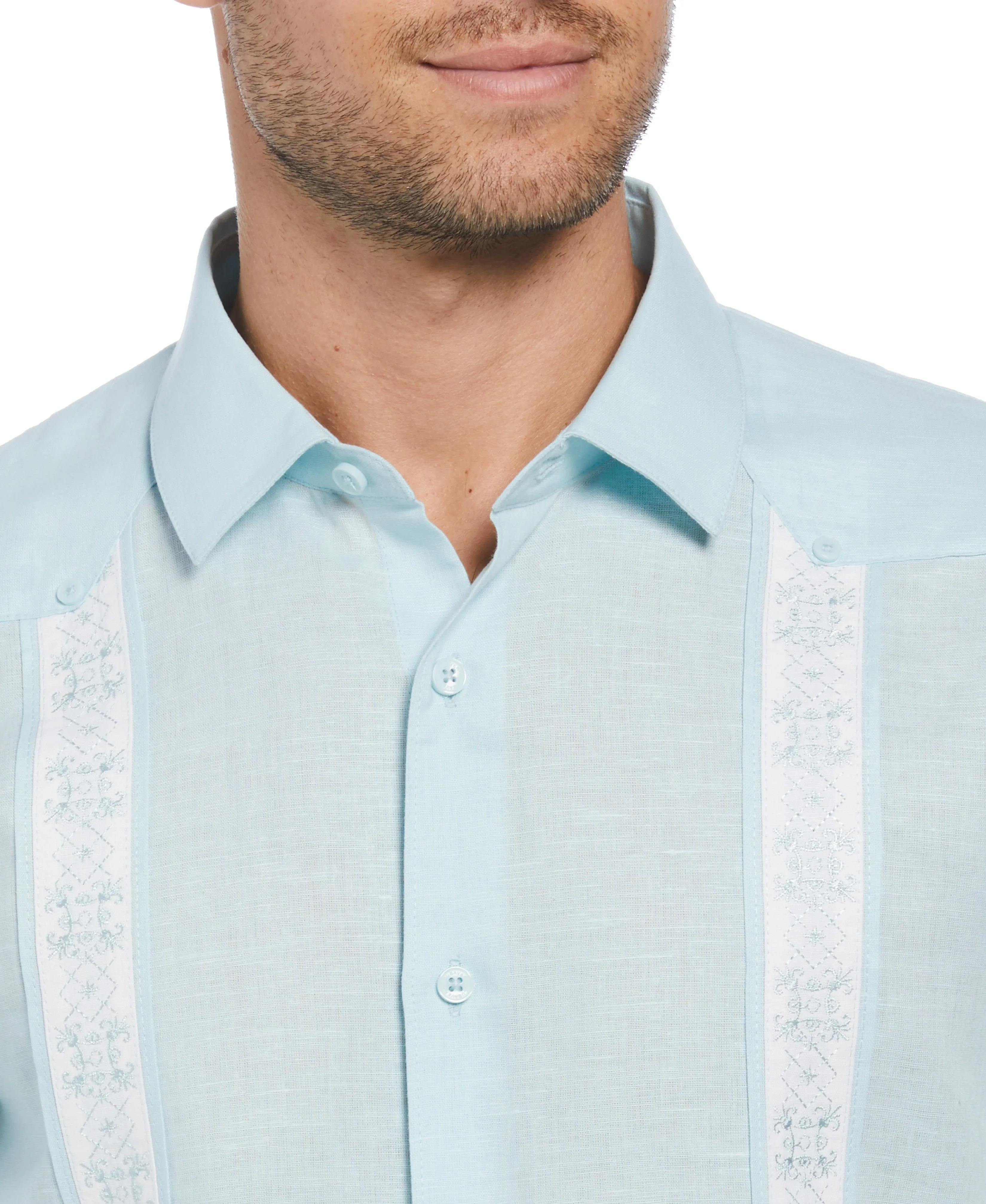 Linen Blend Embroidered Panel Guayabera Shirt