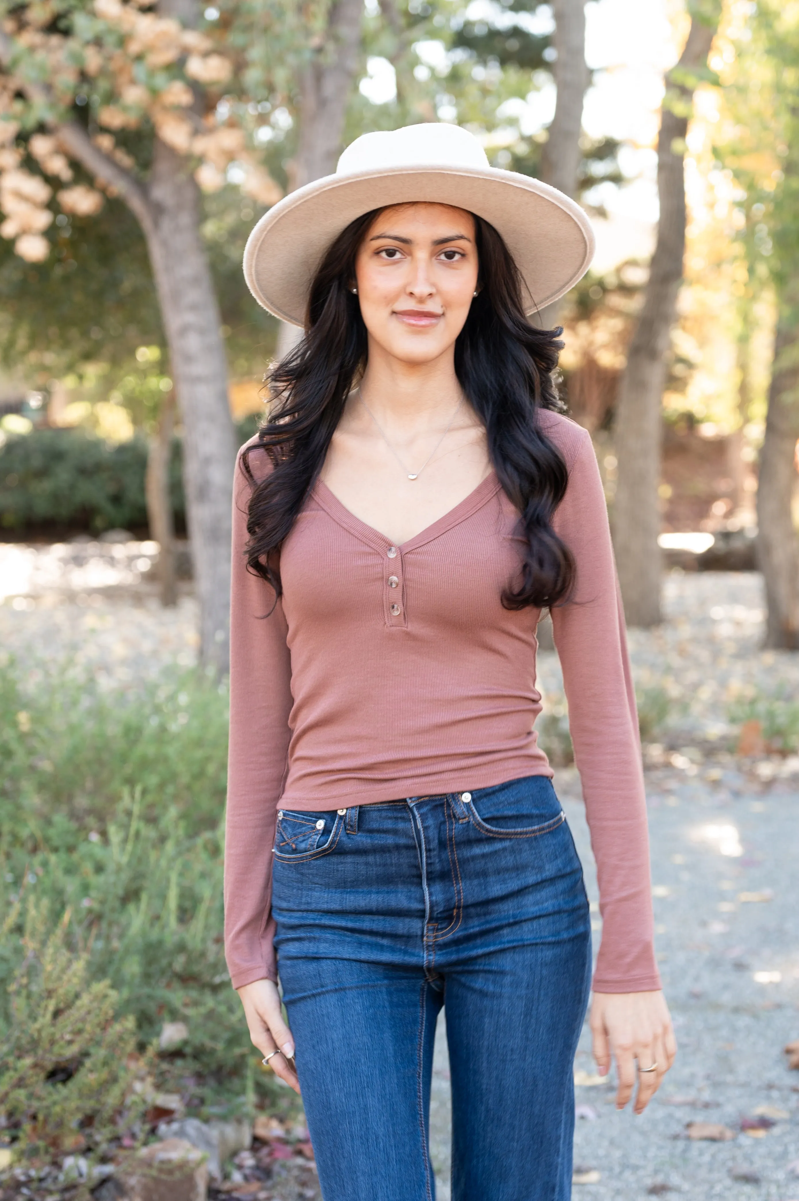 Long Sleeve Three Button V-Neck