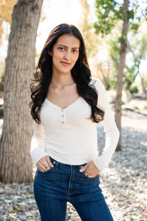 Long Sleeve Three Button V-Neck
