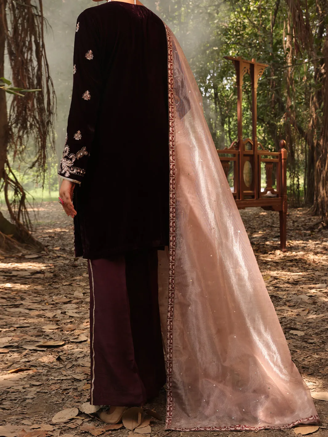 Maroon Velvet 3 Piece Formal Unstitched - AL-3PS-LS-UN-396