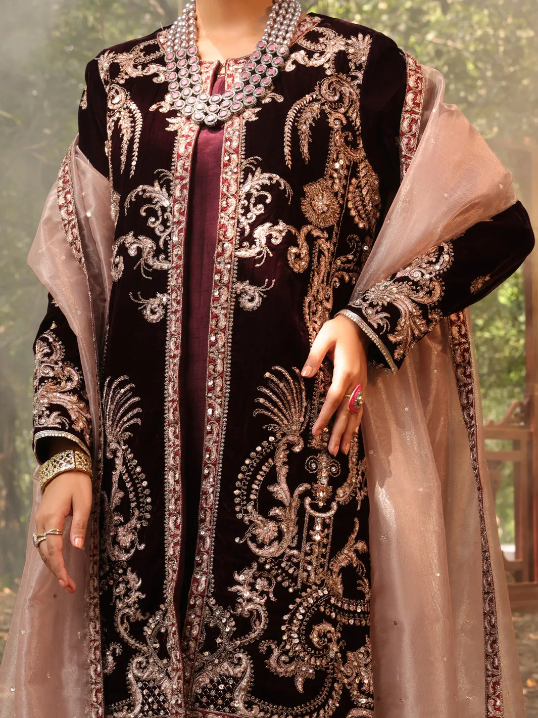 Maroon Velvet 3 Piece Formal Unstitched - AL-3PS-LS-UN-396