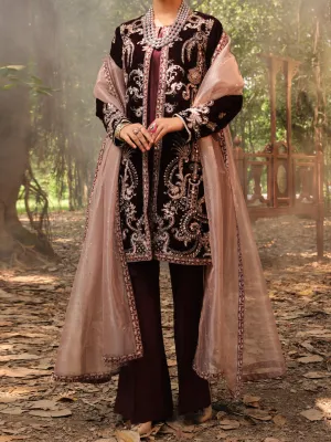 Maroon Velvet 3 Piece Formal Unstitched - AL-3PS-LS-UN-396