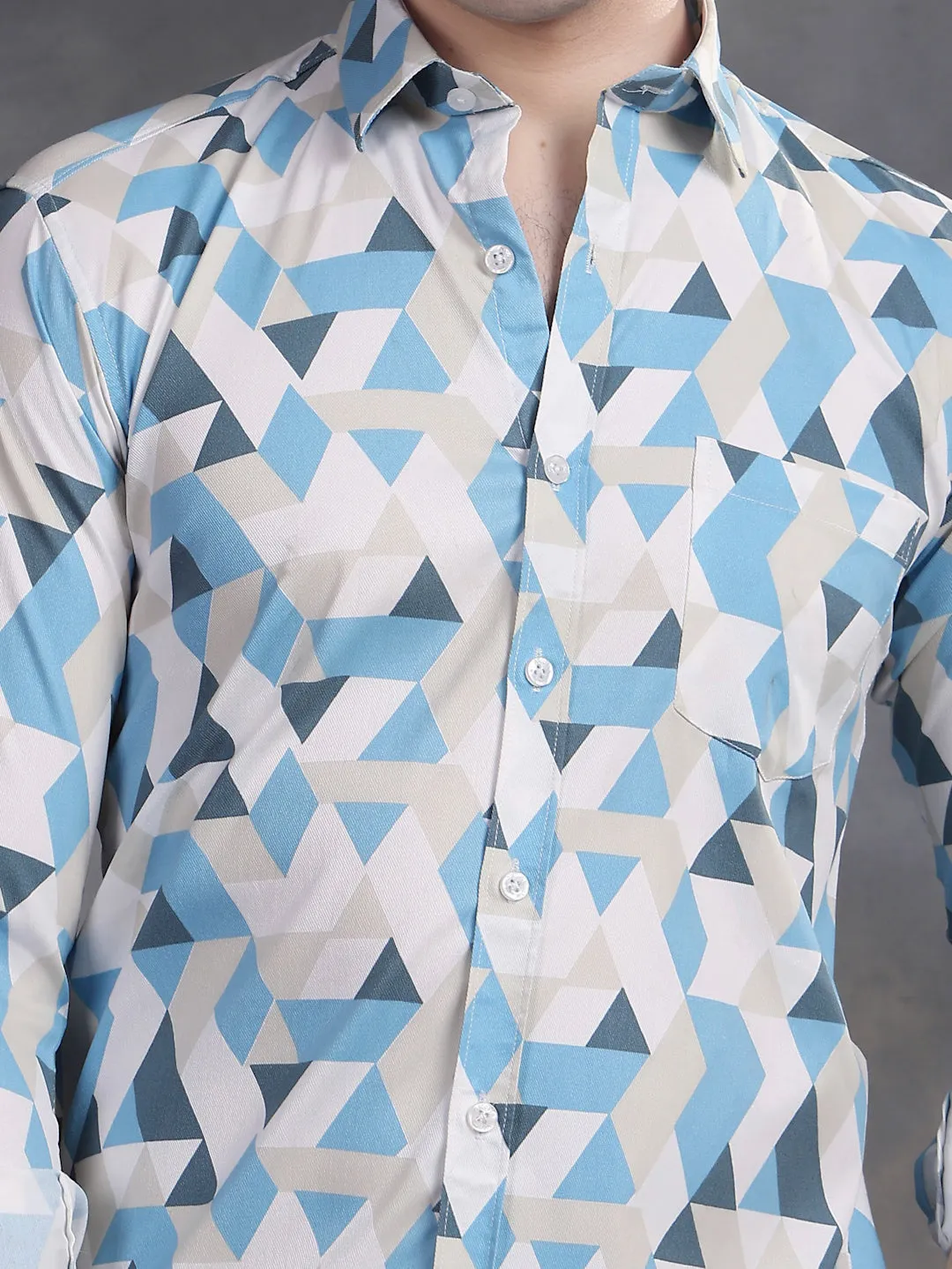 MENS BLUE AND WHITE TRIANGLE PRINT LYCRA COTTON SHIRT