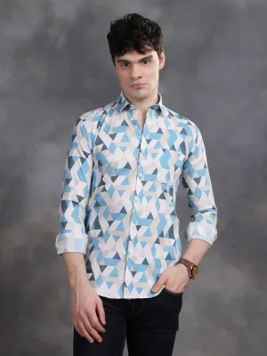 MENS BLUE AND WHITE TRIANGLE PRINT LYCRA COTTON SHIRT